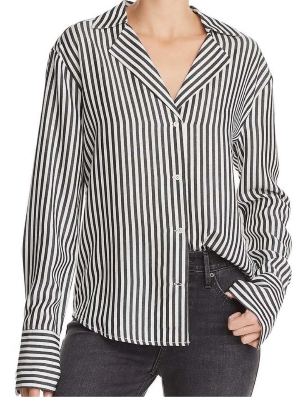 PAIGE Black and White Vertical Stripe Button-Down Shirt